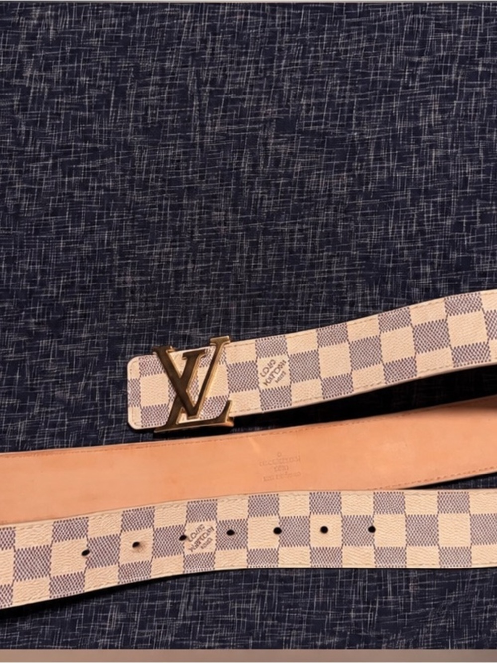 Louis Vuitton Damier Azur Belt with Gold LV Buckle - Cream/Blue